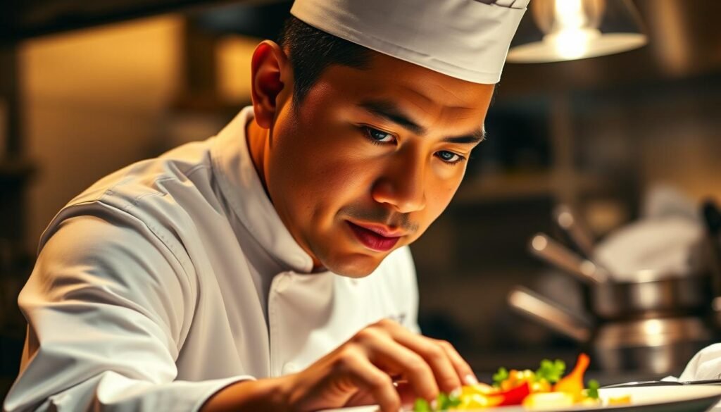 A close-up portrait of Chef Arnold Poernomo in his kitchen, wearing a crisp white chef's uniform and a focused expression. His hands are skillfully preparing a dish, with fresh ingredients and cooking tools arranged neatly around him. The lighting is warm and atmospheric, casting a soft glow on his face and the surrounding area. The background is blurred, hinting at the bustling energy of the kitchen. The overall mood is one of professionalism, creativity, and culinary expertise, reflecting Arnold's reputation as a talented local chef.