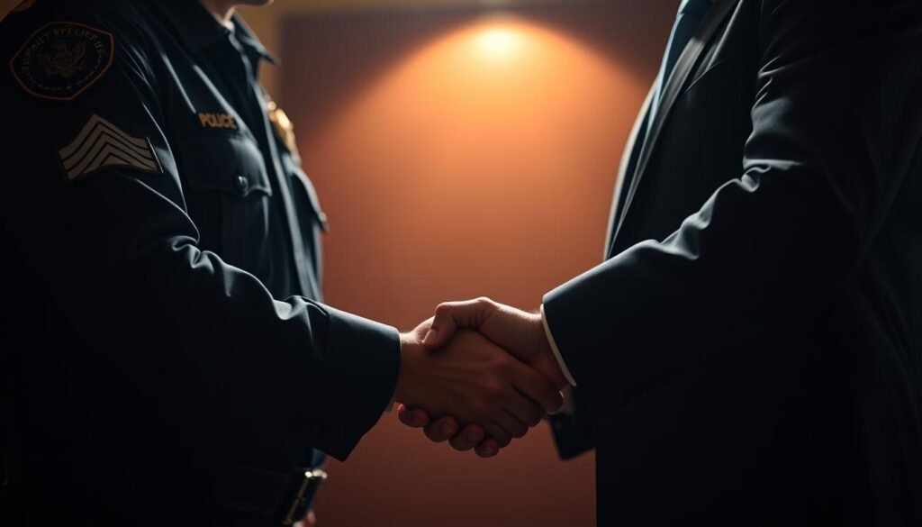 A close-up shot of two law enforcement officers, one in uniform and the other in a suit, shaking hands in a dimly lit room. The uniforms are crisp, and the agents exude an air of professionalism and authority. Soft, warm lighting casts subtle shadows, conveying a sense of collaboration and mutual understanding. The background is blurred, keeping the focus on the handshake, which symbolizes the cooperation and coordination between the two entities. The scene emanates a mood of seriousness, trust, and a shared commitment to upholding the law.