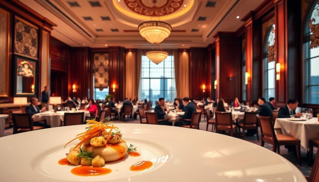 A grand interior of the Fairmont Jakarta's dining hall, showcasing an elegant collaboration between acclaimed local chefs. The foreground features a beautifully presented gourmet dish, with vibrant colors and intricate plating. In the middle ground, smartly dressed patrons dine at neatly arranged tables, amid the warm, ambient lighting that casts a cozy glow. The background reveals the hall's high ceilings, ornate architectural details, and large windows offering a glimpse of the city's skyline. The overall scene exudes a sense of refined sophistication and culinary excellence, capturing the essence of this exclusive, one-of-a-kind dining experience.