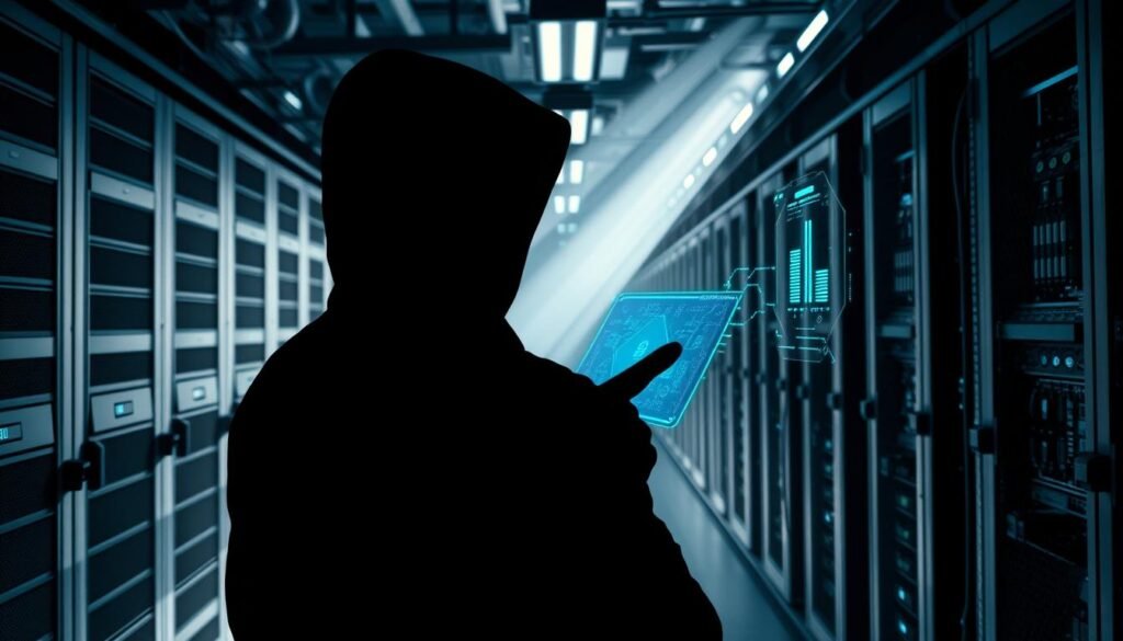 A secure digital infrastructure, with sleek servers and intricate circuit boards, stands against a backdrop of cybersecurity challenges. In the foreground, a lone hacker's silhouette looms, their fingers expertly navigating a holographic display, symbolizing the constant threat of cyber attacks. Subtle shafts of light cast dramatic shadows, emphasizing the high-stakes nature of this digital battleground. The overall atmosphere conveys a sense of tension and vigilance, reflecting the need for robust policies and strategies to protect individuals and organizations from the evolving landscape of cybercrime.