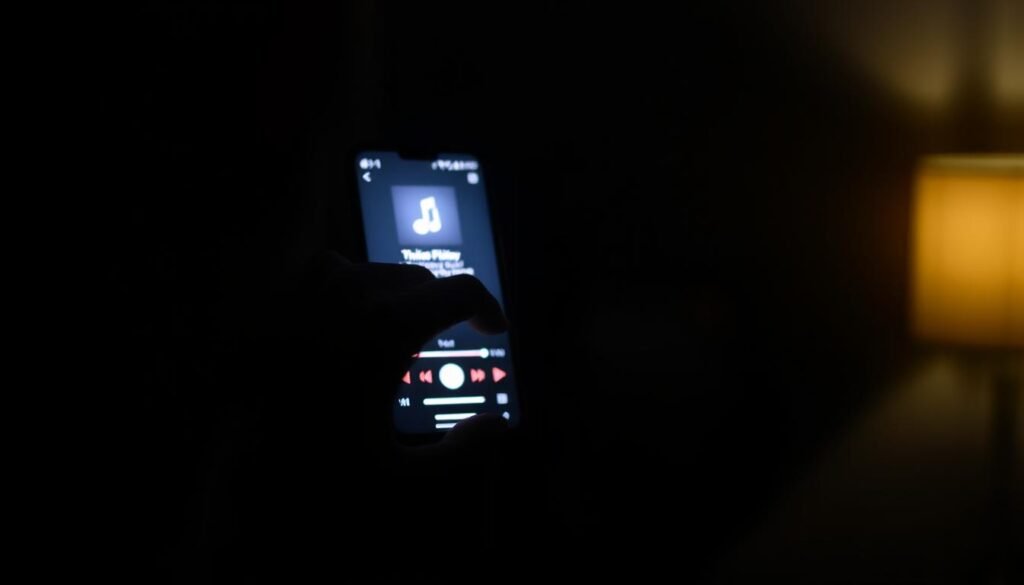 A dimly lit room, the glow of a music player's screen casting soft shadows. A hand hovers over the device, hesitant, as if weighing the decision to engage with it. The atmosphere is contemplative, tinged with a sense of unease - a visual metaphor for the privacy concerns and permissions required when using offline music apps. The background is intentionally blurred, focusing the viewer's attention on the central figure and the music player, representing the need to be mindful of these issues in our digital lives.