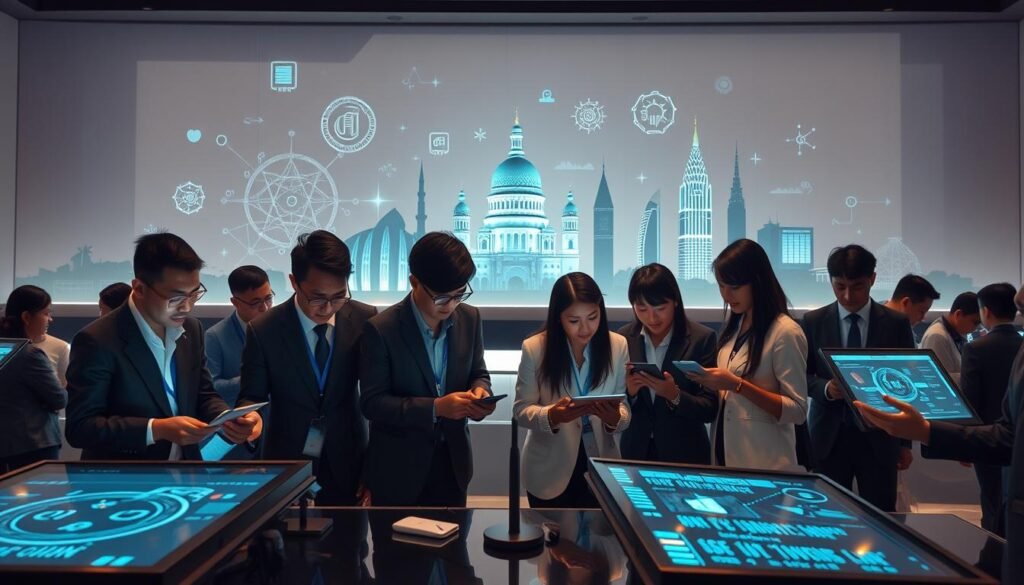 A futuristic scene showcasing the role of artificial intelligence in Indonesia's digital transformation. In the foreground, a diverse group of professionals in smart business attire actively collaborates over digital devices, analyzing data visualizations on screens. The middle layer features advanced technology symbols, such as circuit patterns and floating holograms representing AI algorithms. The background depicts iconic Indonesian landmarks subtly integrated with digital motifs, symbolizing innovation amidst tradition. Soft, ambient lighting casts a warm glow, creating an inviting and progressive atmosphere. Use a wide-angle view to convey depth and dynamism in the environment, emphasizing the seamless interaction between people and technology.