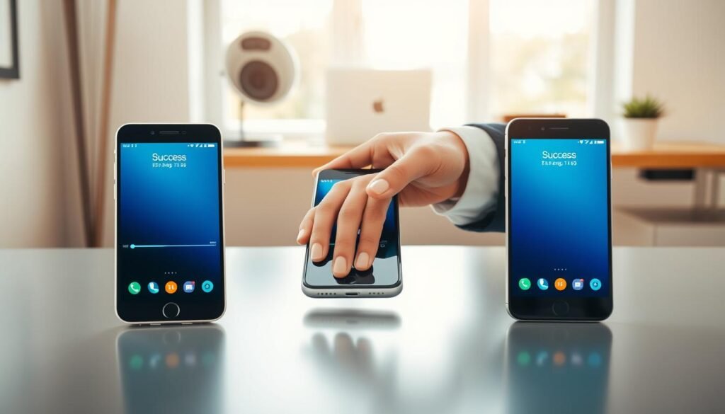 A successful file transfer scene between an iPhone and an Android device, displaying the two smartphones side by side on a sleek, modern table. In the foreground, the two phones have visible screens showing progress bars indicating a successful file transfer with glowing success icons. The middle layer features a gentle hand hovering over the Android phone, elegantly dressed in a smart, casual outfit. In the background, a well-lit, minimalist workspace setup with soft natural sunlight filtering through a nearby window, creating a warm and inviting atmosphere. The focus should be sharp on the devices while softly blurring the background for a professional look. The overall mood is motivational and positive, suggesting ease and success in the file transfer process.