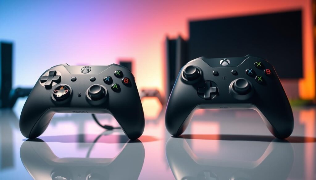 A detailed comparison of Hall Effect controllers for Xbox and PC, featuring two controllers prominently in the foreground: one sleek, modern Xbox Controller 2024 with visible Hall Effect sensors, and a second generic controller showcasing traditional mechanics. The controllers should be positioned on a glossy surface that reflects their design, emphasizing their ergonomic shapes and joystick placements. In the middle ground, include subtle hints of game-themed elements, like minimalist silhouettes of gaming consoles in a soft focus. The background should be softly lit, creating a warm atmosphere with a gradient of deep blues and greens, mimicking the ambiance of a gaming setup. Capture the scene at a slight angle to enhance depth, with sharp focus on the controllers and soft bokeh behind. A detailed comparison of Hall Effect controllers for Xbox and PC, featuring two controllers prominently in the foreground: one sleek, modern Xbox Controller 2024 with visible Hall Effect sensors, and a second generic controller showcasing traditional mechanics. The controllers should be positioned on a glossy surface that reflects their design, emphasizing their ergonomic shapes and joystick placements. In the middle ground, include subtle hints of game-themed elements, like minimalist silhouettes of gaming consoles in a soft focus. The background should be softly lit, creating a warm atmosphere with a gradient of deep blues and greens, mimicking the ambiance of a gaming setup. Capture the scene at a slight angle to enhance depth, with sharp focus on the controllers and soft bokeh behind.