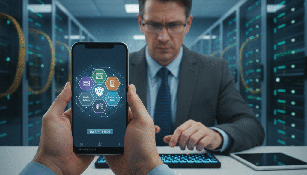A detailed visualization of the functionality of a vault application. In the foreground, a sleek mobile phone displays a vibrant interface of a vault application, showcasing various encrypted folders and options for hiding data. In the middle layer, a professional user, dressed in business attire, is viewed from a slight angle, engaged with the app, expressing focus and concentration. The background features a data center filled with illuminated servers, conveying a sense of secure digital storage. Soft, focused lighting highlights the phone and the user, creating a clean, high-tech atmosphere. The overall mood is one of security and professionalism, emphasizing the concept of technology safeguarding sensitive information in a modern context.
