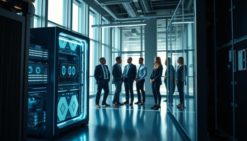 A futuristic exascale computing environment, showcasing a sleek and compact supercomputer integrated into a standard-sized shelving unit. In the foreground, the supercomputer glows with soft, blue LED lights, displaying intricate circuit patterns and advanced cooling systems. The middle layer features a diverse group of professionals in business attire, engaged in discussion, demonstrating the collaborative atmosphere around this cutting-edge technology. The background reveals a modern office space with large windows, allowing natural light to flood in, emphasizing a bright and innovative mood. Capture the scene with a wide-angle lens to enhance the space's expansiveness, using bright lighting to convey optimism and progress in supercomputing technology.