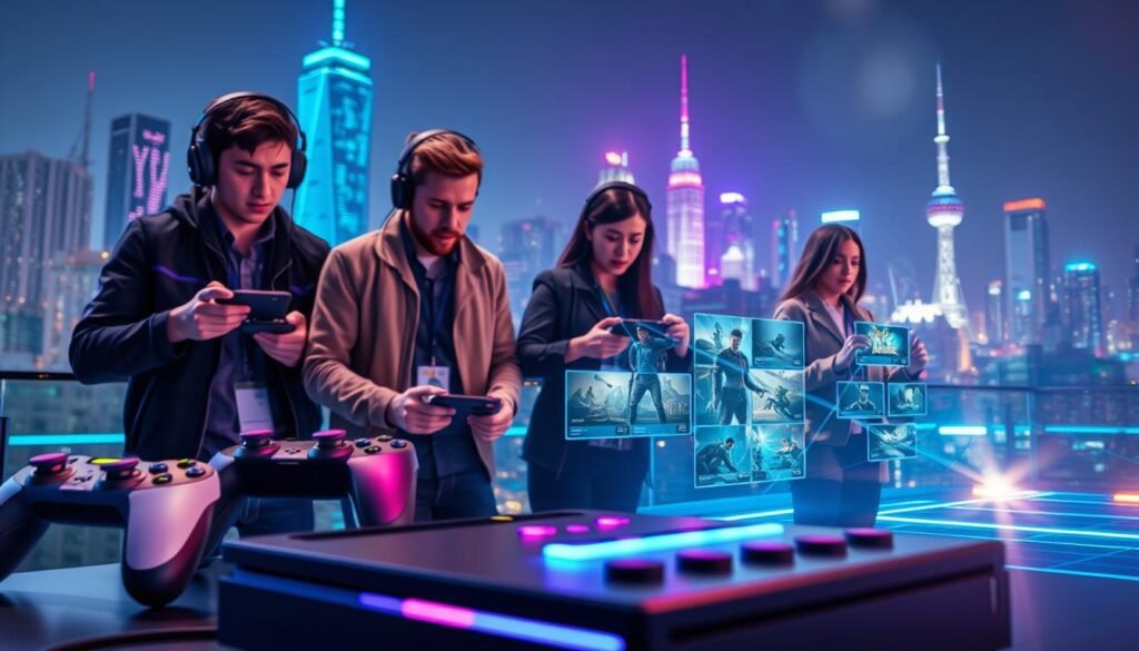 A modern cloud gaming platform scene showcasing dynamic, high-tech gaming. In the foreground, a sleek gaming console with glowing accents is surrounded by multiple controls and a vibrant gaming headset. The middle ground features a diverse group of three gamers, two males and one female, dressed in professional casual attire, intently interacting with holographic displays, showcasing various game titles. In the background, a futuristic city skyline is illuminated with neon lights, hinting at a vibrant digital world. The lighting is bright and energetic, with lens flares enhancing the tech atmosphere. The overall mood is exciting and cutting-edge, capturing the essence of innovative cloud gaming technology.