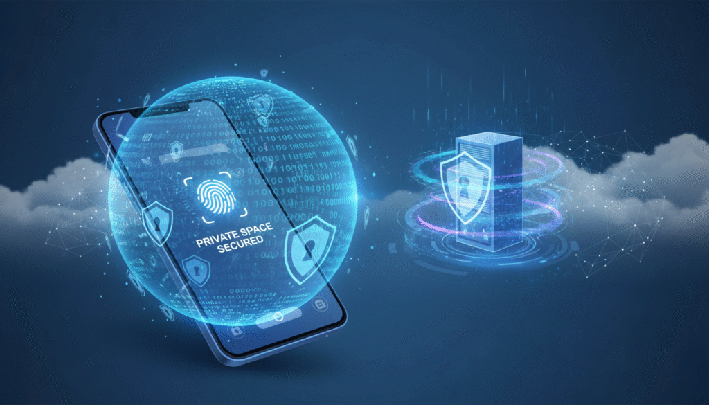 A visually striking illustration representing "encryption and the isolation of data in Android private space." The foreground features a sleek smartphone with its screen displaying a securely locked interface, symbolizing the protection of personal data. In the middle, graphical elements like digital locks and shield icons signify encryption, creating a shield around the phone. In the background, a faint, abstract representation of clouds and interconnected data streams symbolizes the digital landscape, reflecting the notion of secure data transfer. The overall mood is futuristic and professional, with cool blue tones and soft lighting emphasizing security and safety. The composition is framed at a slight angle to provide depth, enhancing the technological atmosphere of the concept.