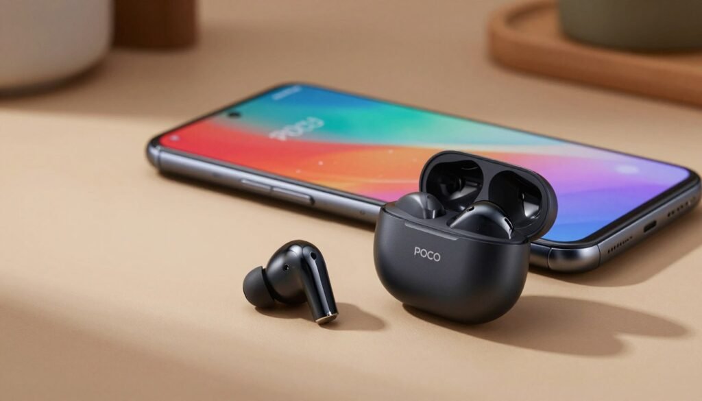 A modern, sleek TWS earphone set displayed prominently in the foreground, showcasing a high-quality, glossy black finish with subtle metallic accents. The earphones are positioned with one pair partially open to reveal their charging case, featuring elegant curves and a compact design. In the middle ground, emphasize a stylish smartphone, highlighting compatibility with POCO and Redmi devices, both showing colorful wallpapers and sleek outlines. The background is softly blurred, hinting at a minimalist workspace or a cozy home environment, bathed in warm, ambient lighting that creates an inviting atmosphere. Ensure the overall composition conveys a sense of modern technology and premium quality, perfect for a mid-range audience. Capture the scene with a slight top-down angle for a dynamic perspective, avoiding any text, captions, or watermarks. A modern, sleek TWS earphone set displayed prominently in the foreground, showcasing a high-quality, glossy black finish with subtle metallic accents. The earphones are positioned with one pair partially open to reveal their charging case, featuring elegant curves and a compact design. In the middle ground, emphasize a stylish smartphone, highlighting compatibility with POCO and Redmi devices, both showing colorful wallpapers and sleek outlines. The background is softly blurred, hinting at a minimalist workspace or a cozy home environment, bathed in warm, ambient lighting that creates an inviting atmosphere. Ensure the overall composition conveys a sense of modern technology and premium quality, perfect for a mid-range audience. Capture the scene with a slight top-down angle for a dynamic perspective, avoiding any text, captions, or watermarks.