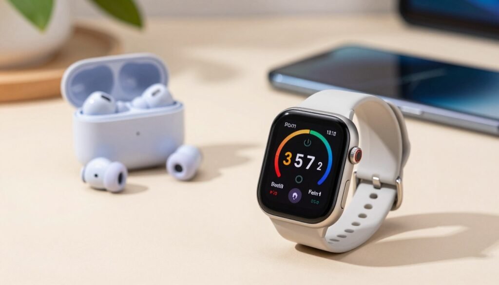 A stylish and affordable smartwatch prominently displayed in the foreground, featuring a sleek design with a vibrant touchscreen interface showing fitness metrics. The watch should have a modern, minimalist aesthetic, emphasizing its affordability while still looking premium. In the middle ground, include a subtle arrangement of colorful TWS earbuds to complement the smartwatch, hinting at their compatibility with POCO and Redmi smartphones. The background should be softly blurred, showcasing a tech-inspired workspace with a smartphone placed nearby, suggesting a seamless connection. Natural lighting illuminates the scene, casting soft shadows and creating an inviting atmosphere. The overall mood should be modern, inspiring, and accessible, appealing to tech-savvy consumers looking for budget-friendly options. A stylish and affordable smartwatch prominently displayed in the foreground, featuring a sleek design with a vibrant touchscreen interface showing fitness metrics. The watch should have a modern, minimalist aesthetic, emphasizing its affordability while still looking premium. In the middle ground, include a subtle arrangement of colorful TWS earbuds to complement the smartwatch, hinting at their compatibility with POCO and Redmi smartphones. The background should be softly blurred, showcasing a tech-inspired workspace with a smartphone placed nearby, suggesting a seamless connection. Natural lighting illuminates the scene, casting soft shadows and creating an inviting atmosphere. The overall mood should be modern, inspiring, and accessible, appealing to tech-savvy consumers looking for budget-friendly options.